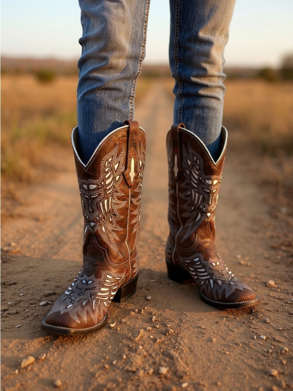 Embroidered Brown Western Heeled Boots for Women
